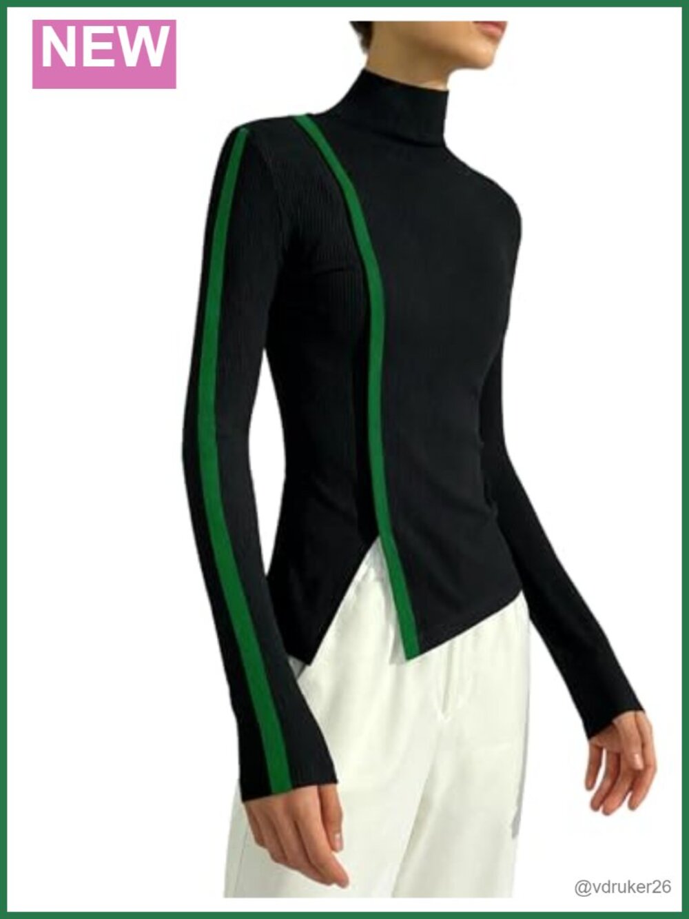 Turtleneck Long Sleeve Top Asymmetrical Split Hem Slim Fit High Neck